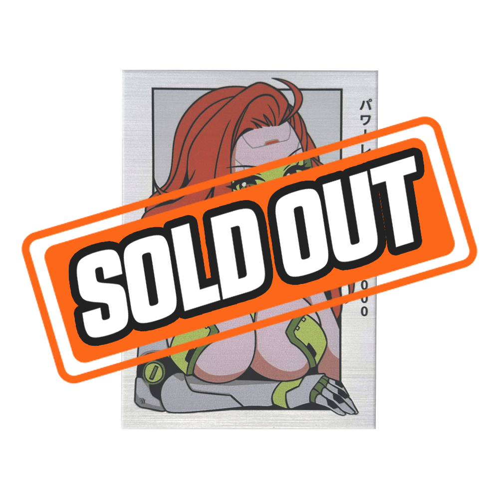 Anime-style female android with long red hair, green visor, and green and gray robotic armor on a metal magnet.