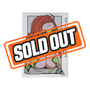 Anime-style female android with long red hair, green visor, and green and gray robotic armor on a metal magnet.