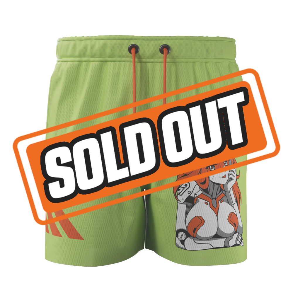 Green shorts with an orange drawstring and a graphic of a red-haired female android on the side.