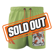 Green shorts with an orange drawstring and a graphic of a red-haired female android on the side.