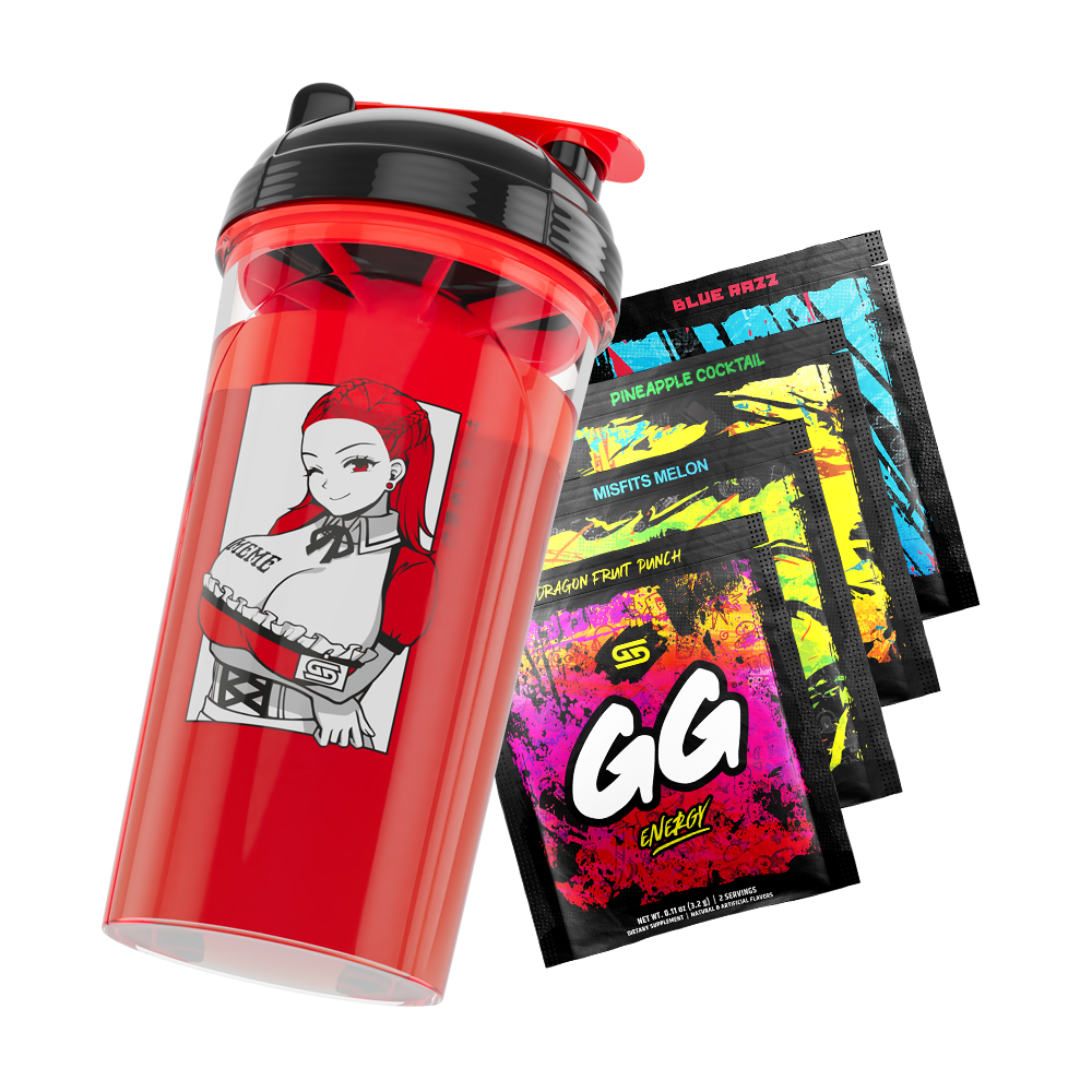 Red shaker cup with black lid featuring a winking anime girl in a red outfit and four colorful GG Energy drink mix packets.