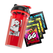 Red shaker cup with black lid featuring a winking anime girl in a red outfit and four colorful GG Energy drink mix packets.