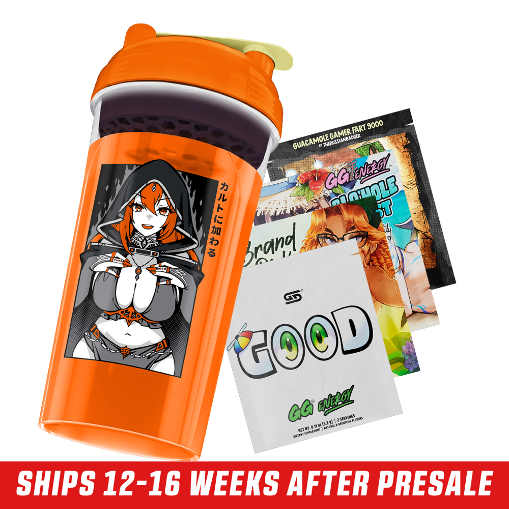 Bright orange shaker cup featuring an anime-style red-haired woman in a hooded cloak with Japanese text.