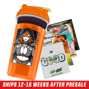 Bright orange shaker cup featuring an anime-style red-haired woman in a hooded cloak with Japanese text.