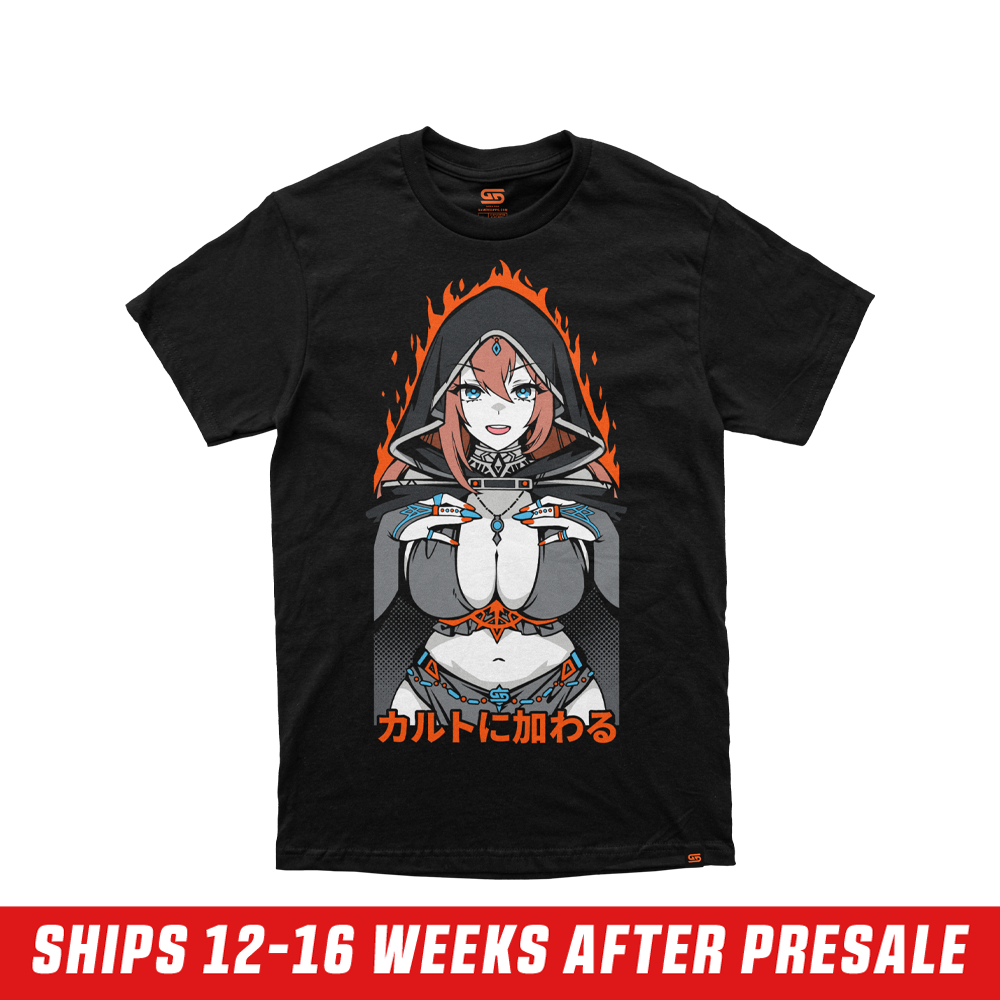 Black shirt with anime-style female character in a hood surrounded by orange flames and Japanese text below.