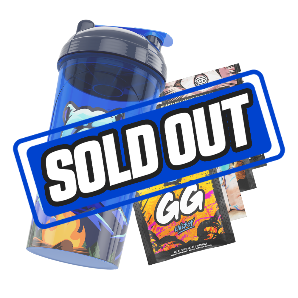 Blue translucent shaker cup with black lid featuring a bear and mountain landscape graphic with trees and barrels.