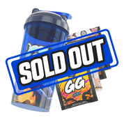 Blue translucent shaker cup with black lid featuring a bear and mountain landscape graphic with trees and barrels.