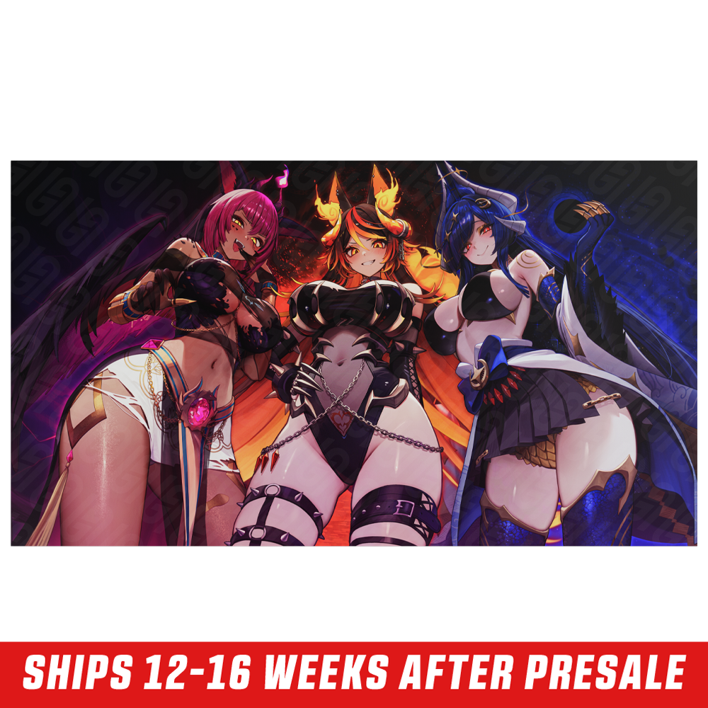 Three anime-style women with horns and dark fantasy armor against a fiery background.