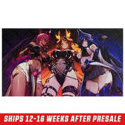 Three anime-style women with horns and dark fantasy armor against a fiery background.