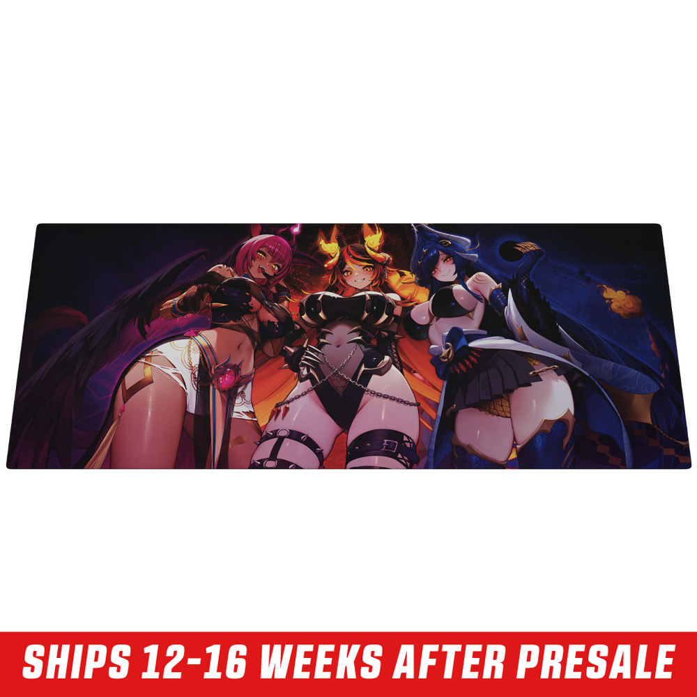 Large mouse pad featuring two anime-style female characters with dark wings and fiery horns on a wooden desk.