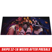 Large mouse pad featuring two anime-style female characters with dark wings and fiery horns on a wooden desk.