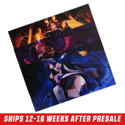 Anime-style female character with dark blue hair, black and white outfit, and fiery tail against a cosmic blue background