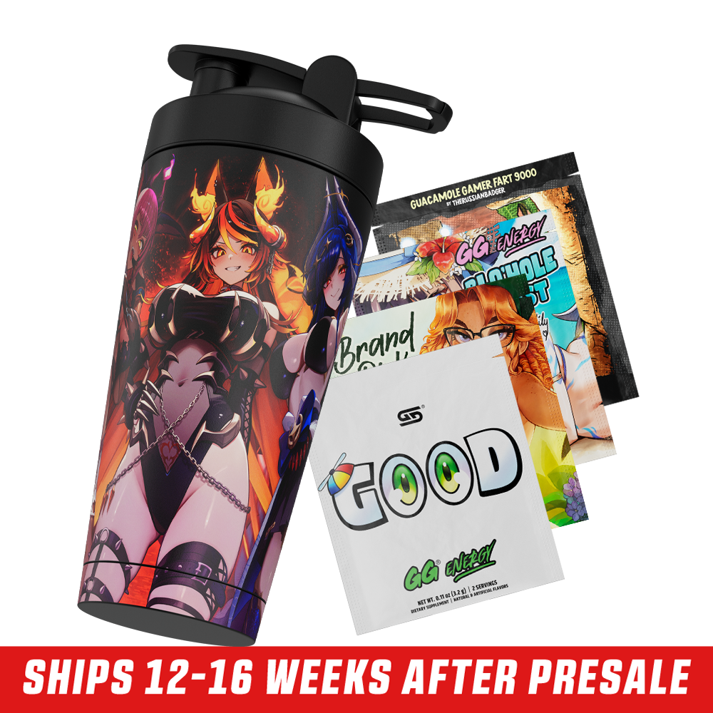 Black shaker cup featuring anime-style characters with dark blue and fiery orange hair in dynamic poses.