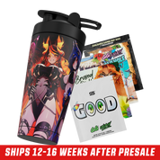 Black shaker cup featuring anime-style characters with dark blue and fiery orange hair in dynamic poses.