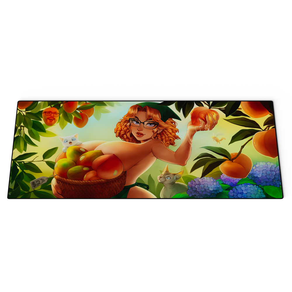 Mouse pad featuring a vibrant illustration of a red-haired woman with glasses holding peaches surrounded by cats and flowers.