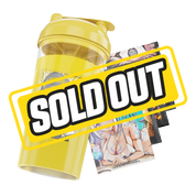 Clear shaker cup with a bold black logo and a bright yellow screw-on lid with flip spout.