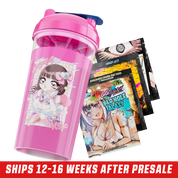Clear shaker cup with pink lid featuring a chibi anime girl in a white and pink outfit with hearts and stars background.
