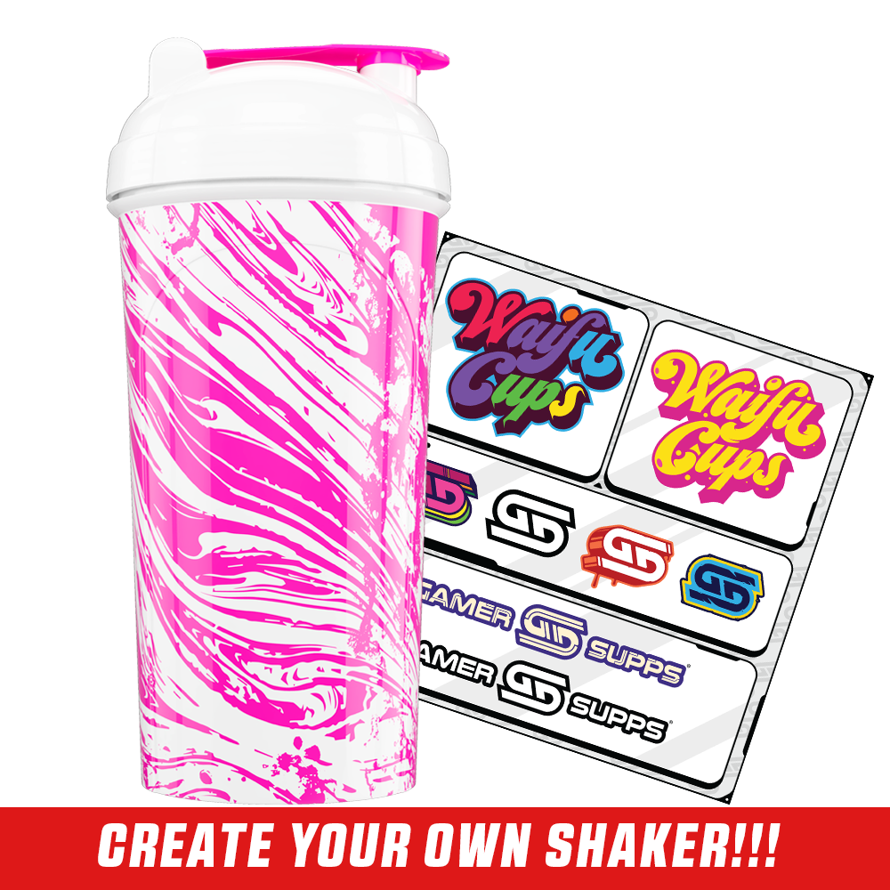 White shaker cup with bright pink abstract swirl design and white lid with pink flip cap.