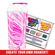White shaker cup with bright pink abstract swirl design and white lid with pink flip cap.