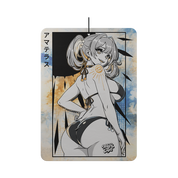 Air freshener with anime-style female character in a bikini and a blue and beige tie-dye background.