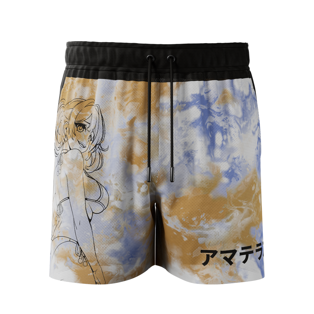 3XL mesh shorts with blue and tan tie-dye, black panel with sun and moon phases, and anime-style character outline.