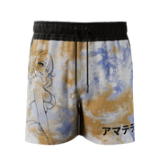 3XL mesh shorts with blue and tan tie-dye, black panel with sun and moon phases, and anime-style character outline.