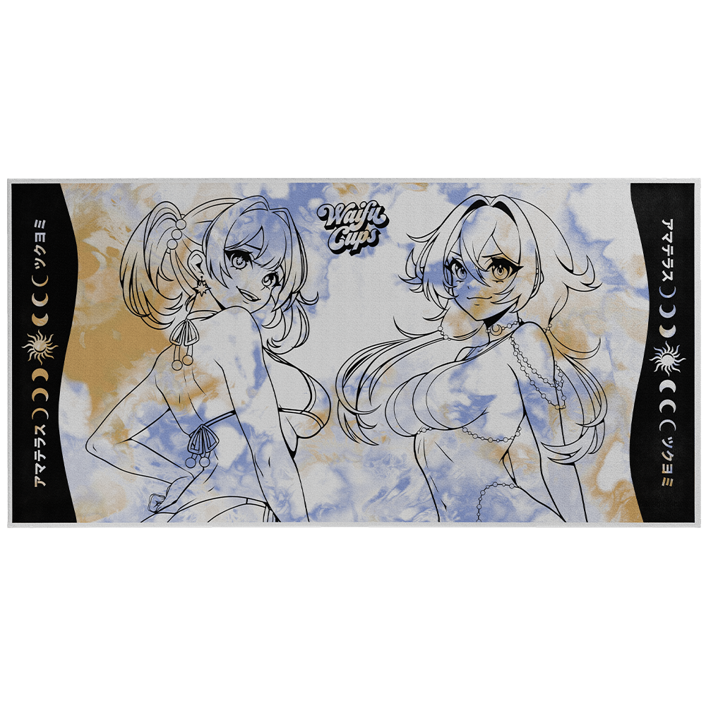 Blue and beige tie-dye beach towel with black outlines of two anime girls in swimsuits and celestial symbols on sides.