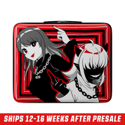 Square red lunch box featuring two anime characters with chains and bold black and white graphic accents.