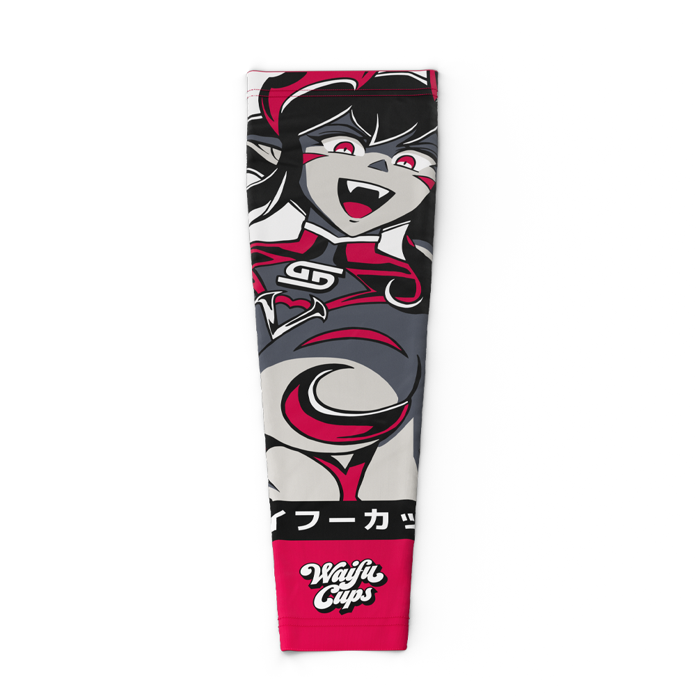 Black, gray, and red gaming sleeve featuring a cartoon demon girl with sharp teeth and red eyes, and "Waifu Cups" logo.