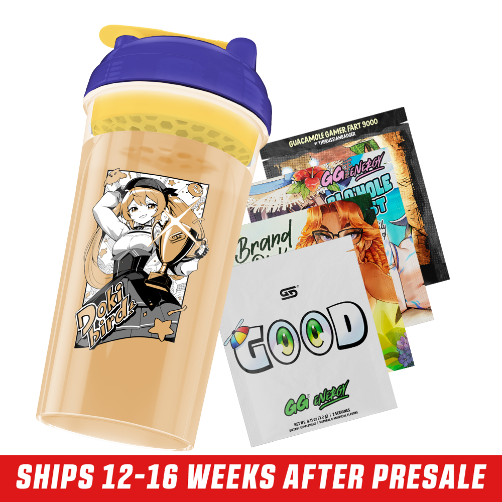 Clear shaker cup with purple lid and yellow flip cap, featuring anime girl with long orange hair in black and white outfit