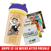 Clear shaker cup with purple lid and yellow flip cap, featuring anime girl with long orange hair in black and white outfit