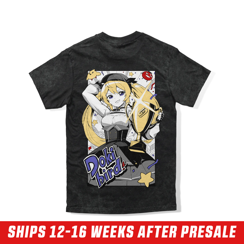 Black acid-wash shirt with small purple and white "Doki bird" logo and red lips graphic on left chest