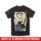 Black acid-wash shirt with small purple and white "Doki bird" logo and red lips graphic on left chest