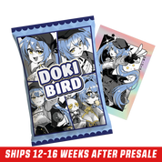 Three blue-bordered sticker packs featuring anime-style character with blue hair and yellow eyes in various poses.