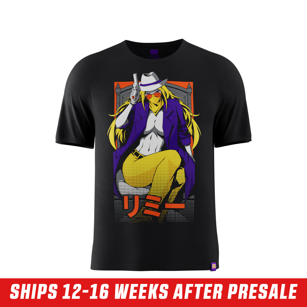 Solid black short-sleeve shirt in 6XL size shown from the back with a crew neckline.