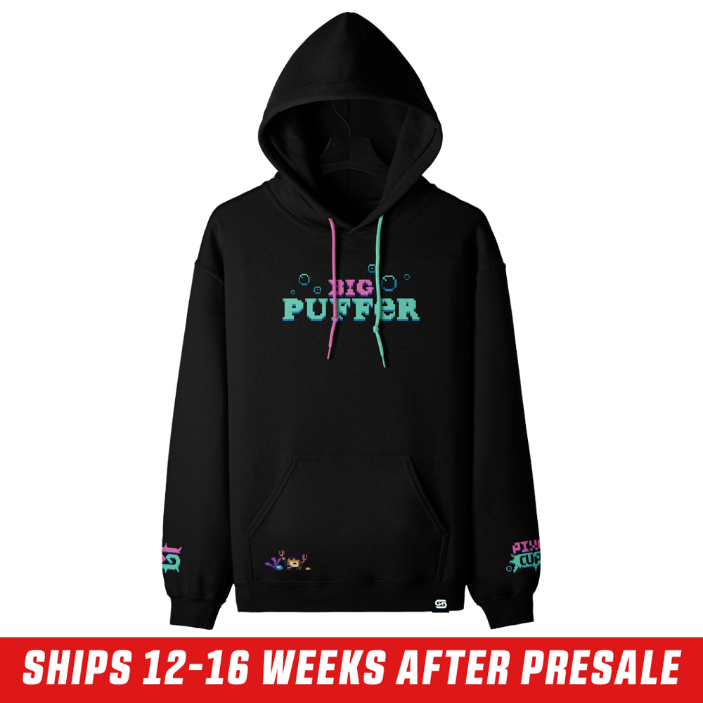 Black hoodie with colorful pixelated text on the lower sleeves and a large hood, size 6XL.