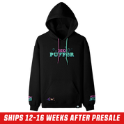 Black hoodie with colorful pixelated text on the lower sleeves and a large hood, size 6XL.