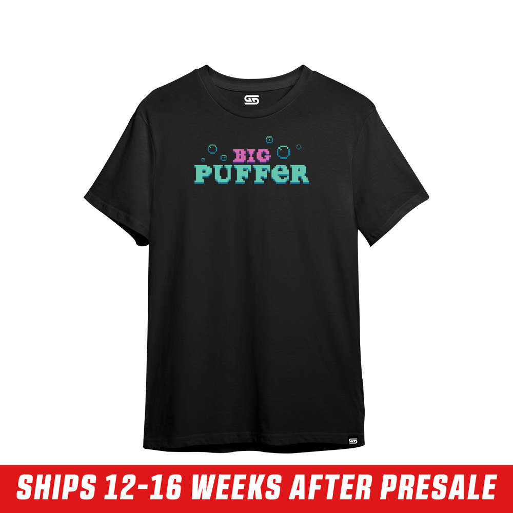 Black short-sleeve shirt with a small pixel art design of a crowned figure and purple plant near the neckline on the back.