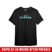 Black short-sleeve shirt with a small pixel art design of a crowned figure and purple plant near the neckline on the back.