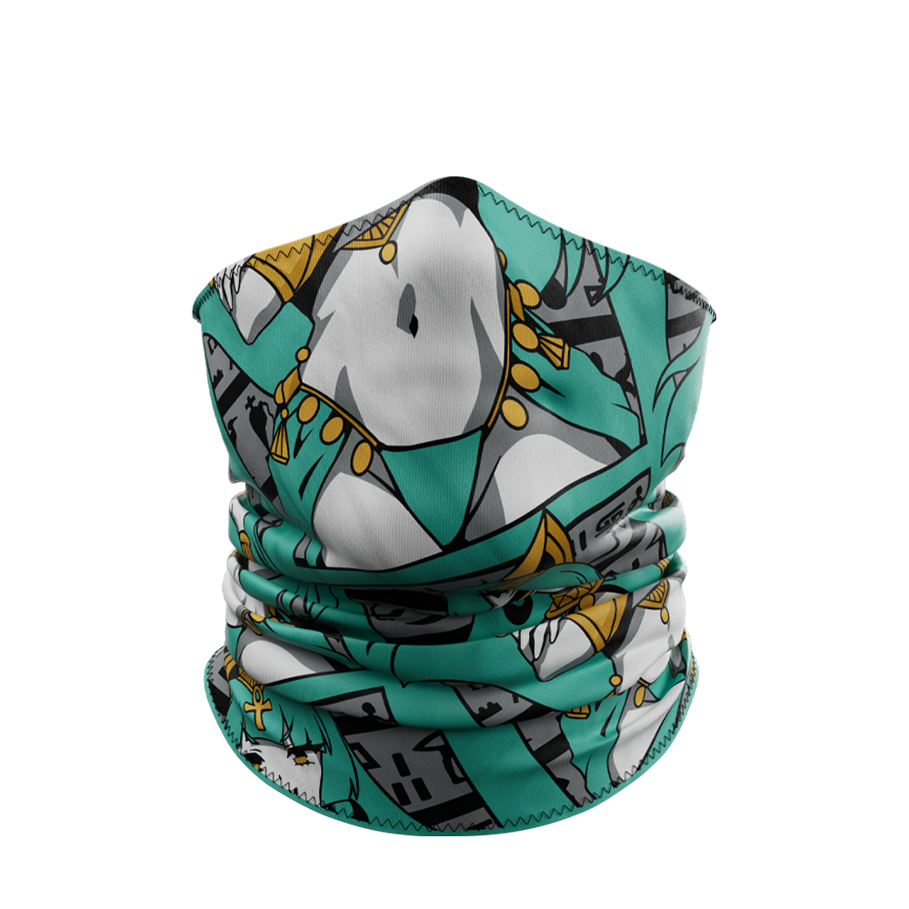 Egyptian gaiter with turquoise-haired anime-style woman wearing gold jewelry and hieroglyphic background in gray and black.