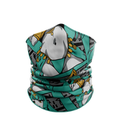 Egyptian gaiter with turquoise-haired anime-style woman wearing gold jewelry and hieroglyphic background in gray and black.