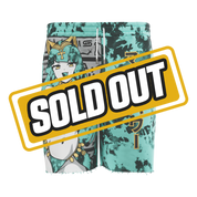 Turquoise and black tie-dye shorts with a back pocket featuring a white "Waifu Cups" logo.