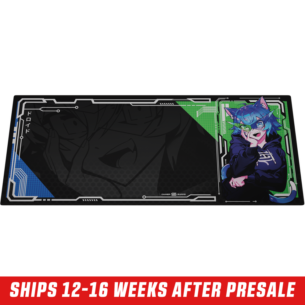 Rectangular mouse pad with anime character in blue hair and cat ears wearing glasses on black background.