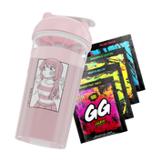Pink shaker cup with anime girl graphic and four colorful GG Energy drink mix packets in blue, yellow, green, and red.