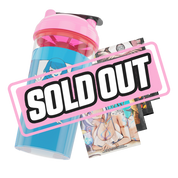 Clear plastic shaker cup with a bright pink lid and a black and white stylized logo on the side