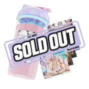 Clear plastic shaker cup with a lavender lid, pink flip cap, and a black stylized GD logo on the side.