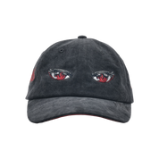 Dark gray baseball cap with embroidered red rose and a detailed eye design on the front panel.