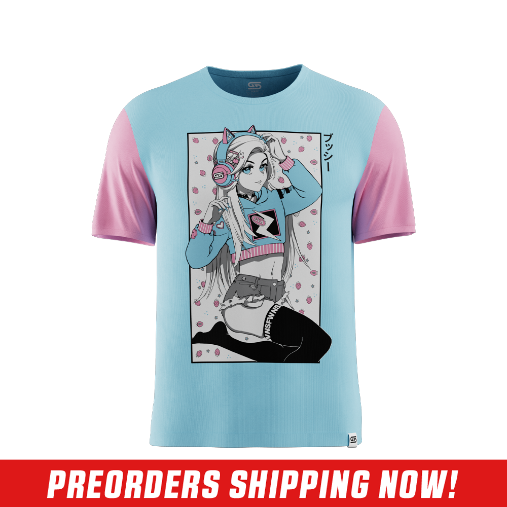 Light blue shirt with contrasting light pink short sleeves shown from the back in size 6XL.