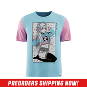 Light blue shirt with contrasting light pink short sleeves shown from the back in size 6XL.