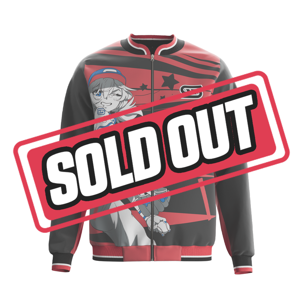 Black fastball jacket with red and white striped ribbed cuffs and waistband, shown from the back.